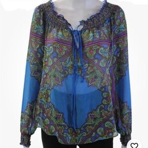Hale Bob Silk Boho Paisley Print Long Sleeve Peasant Top Blue Color Size Small.